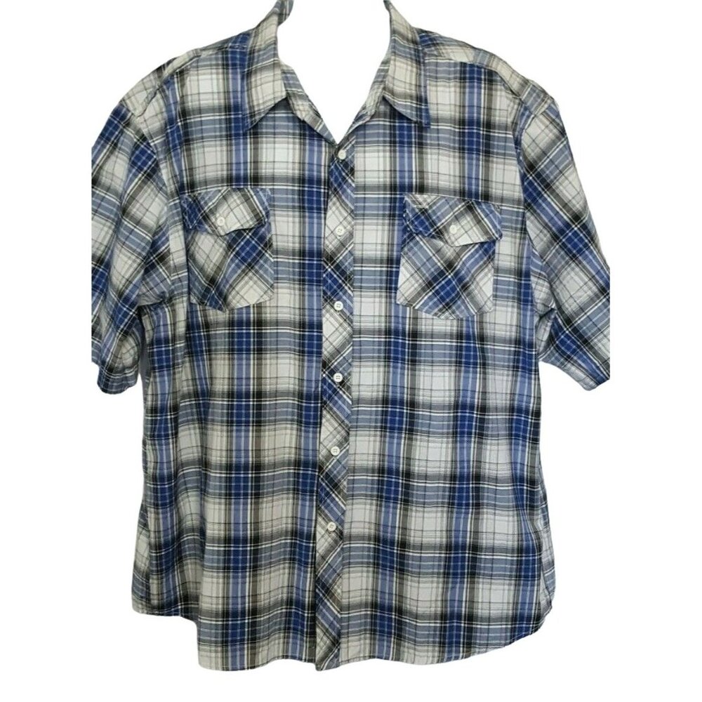 Blue Gear Mens Shirt Sz 3XL Short Sleeve Button Front Blue Plaid 2 Front Pockets